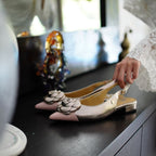 Rosette Pointed-Toe Slingback Block Heel Pumps - Champagne