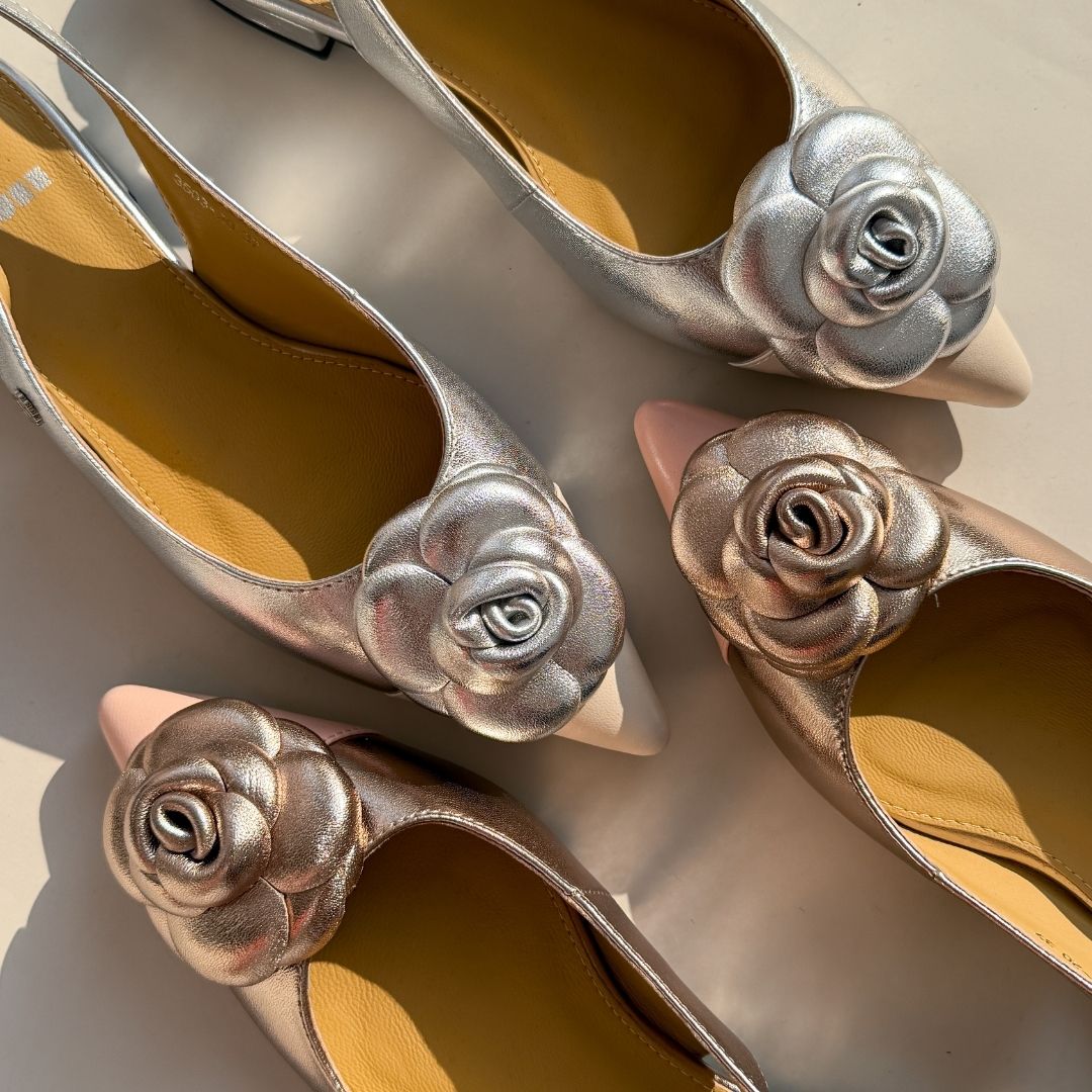 Rosette Pointed-Toe Slingback Block Heel Pumps - Beige