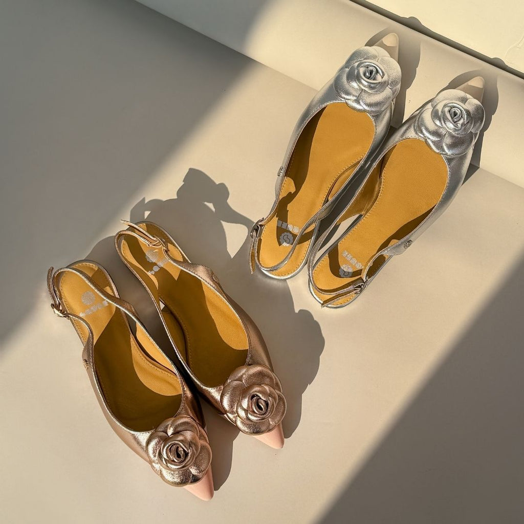Rosette Pointed-Toe Slingback Block Heel Pumps - Beige