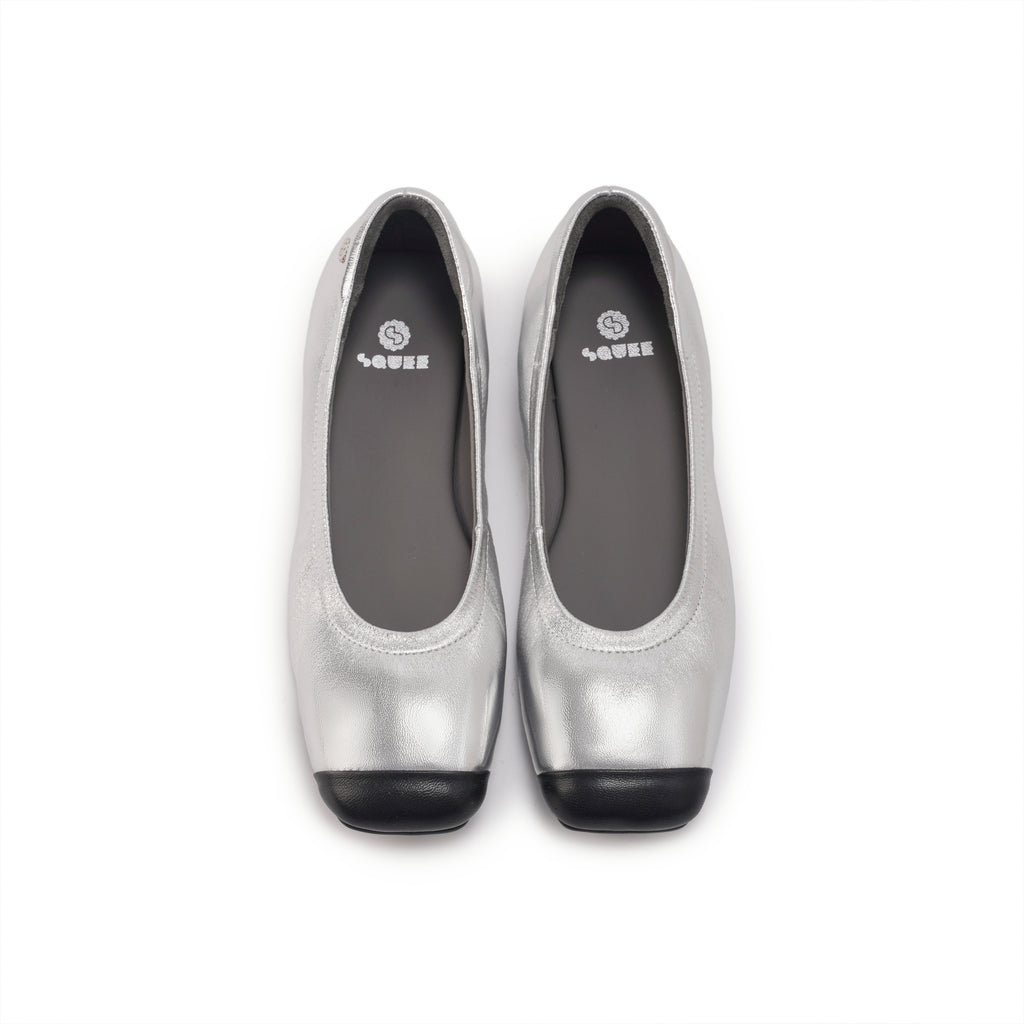 Duo Tone Square Toe Flats - Silver