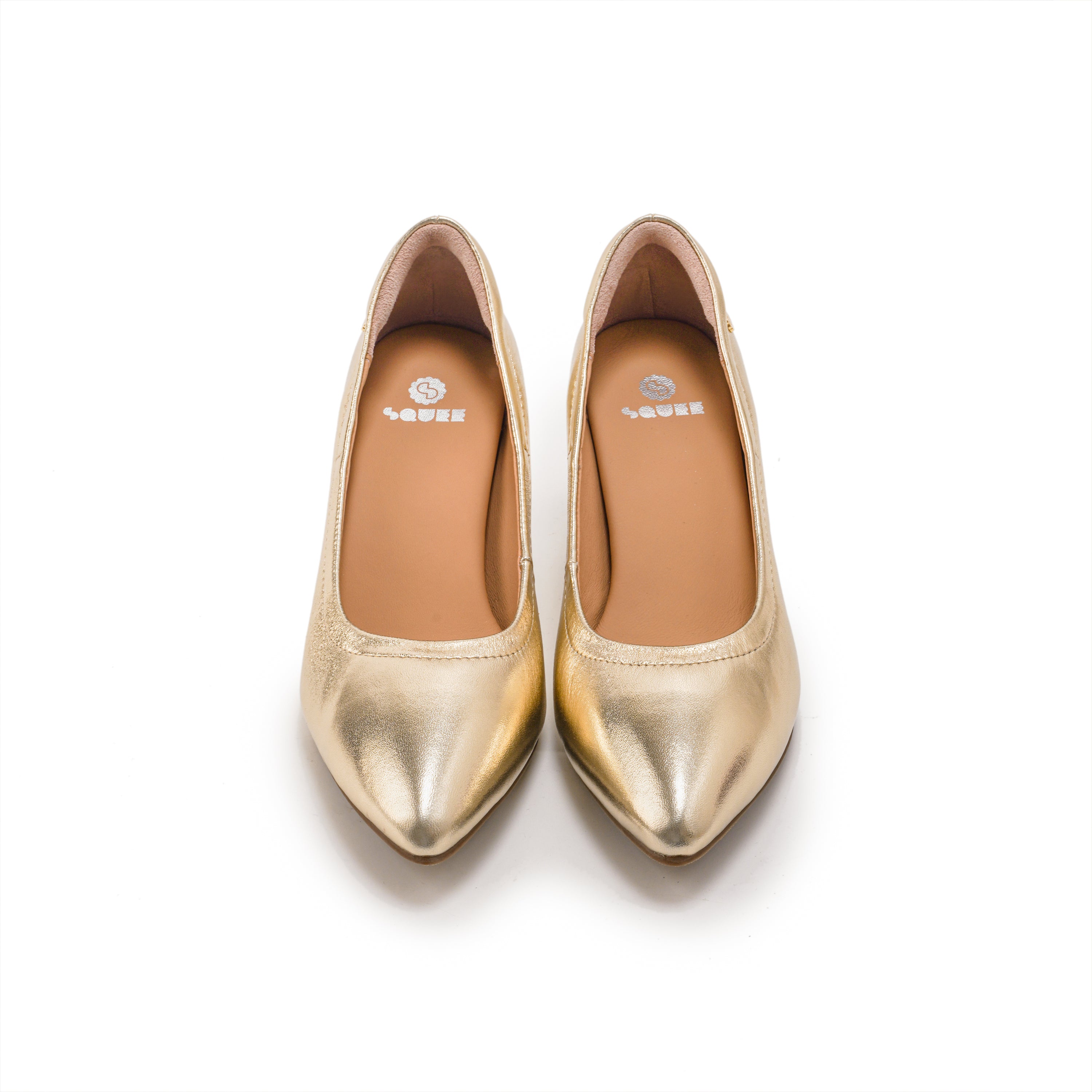 Pointed-Toe Low Heel Pumps – Gold