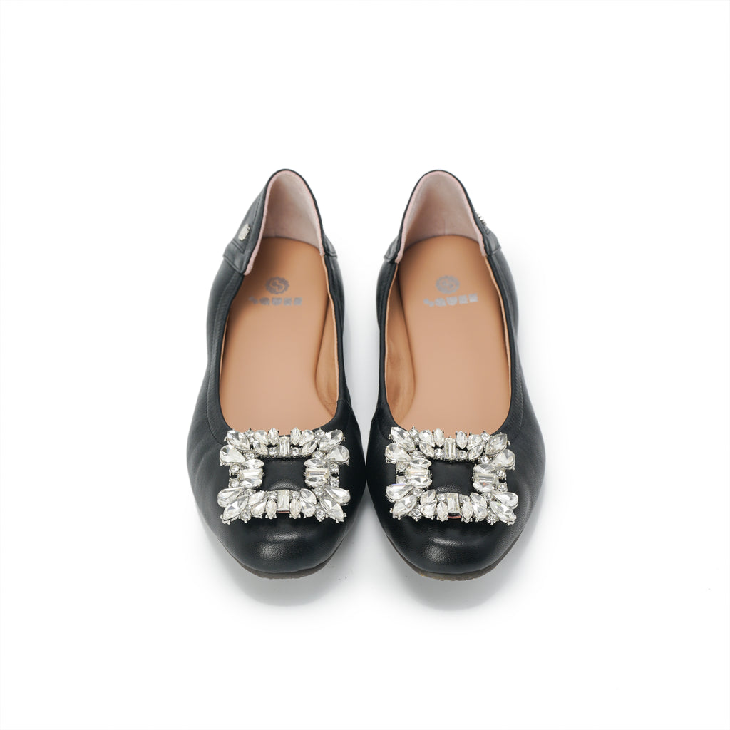 Bling Buckle Ballet Flats - Black