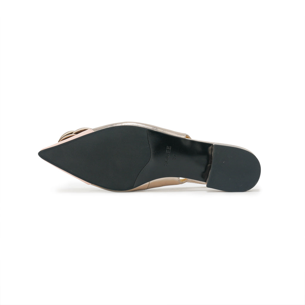 Rosette Pointed-Toe Slingback Block Heel Pumps - Champagne