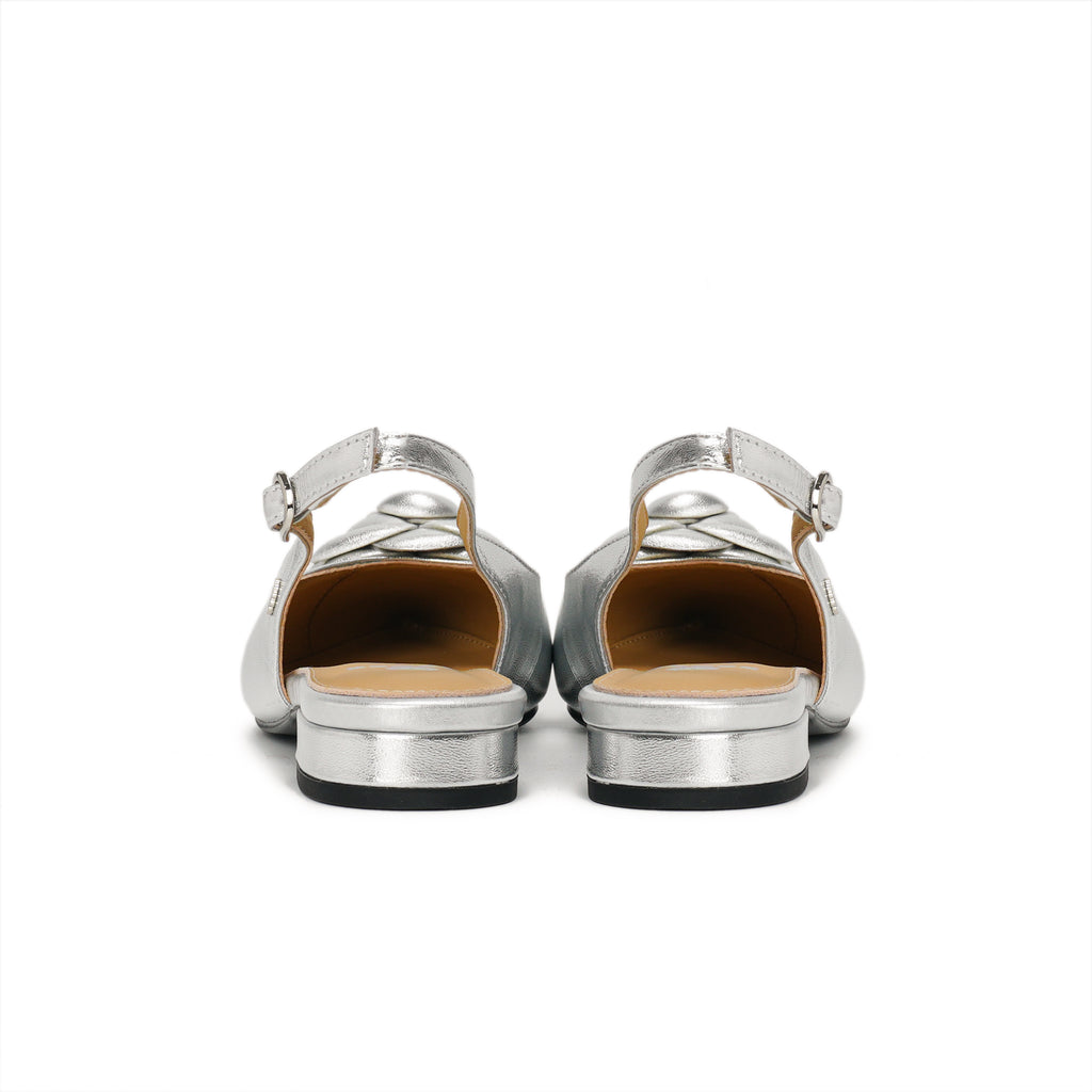 Rosette Pointed-Toe Slingback Block Heel Pumps - Silver