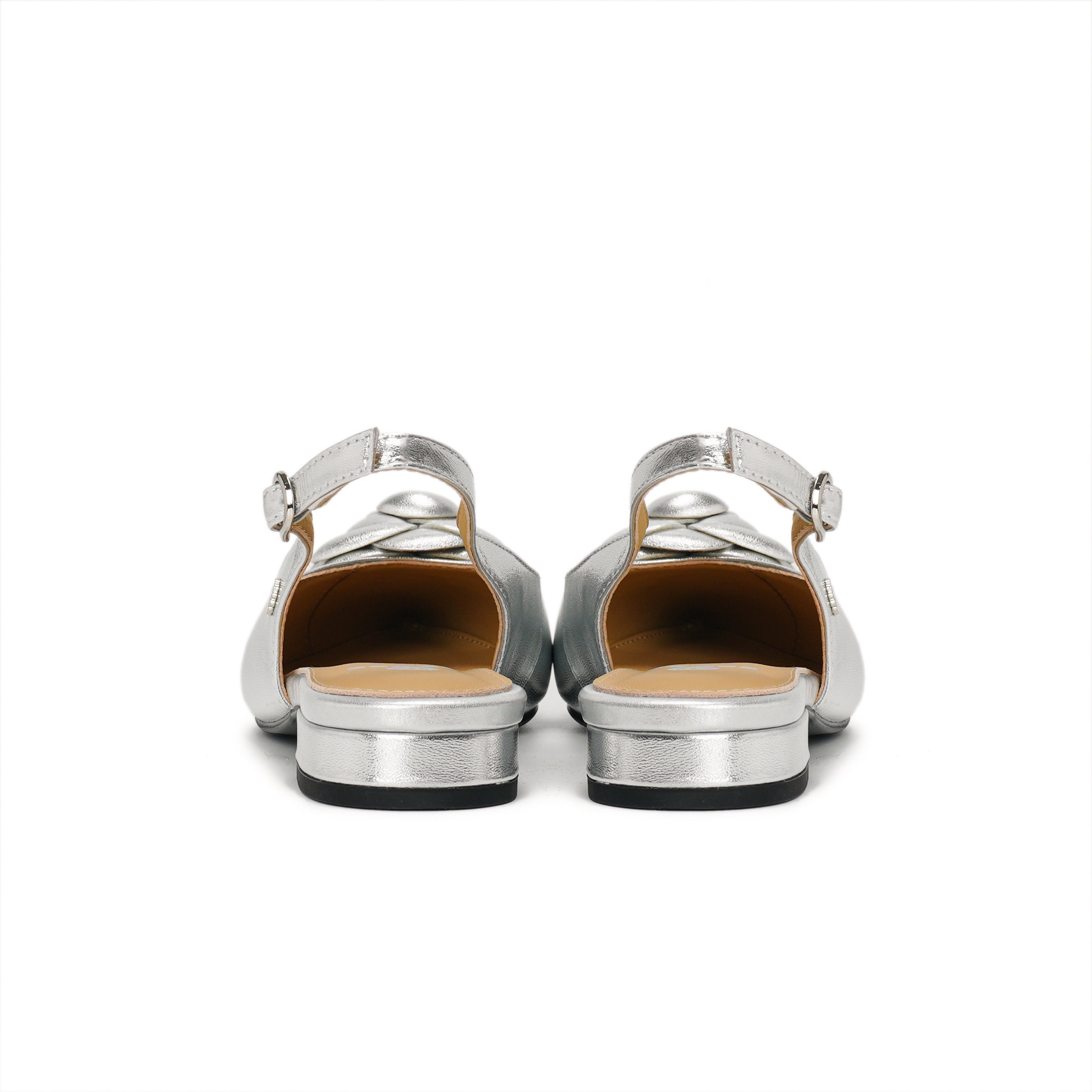 Rosette Pointed-Toe Slingback Block Heel Pumps - Silver