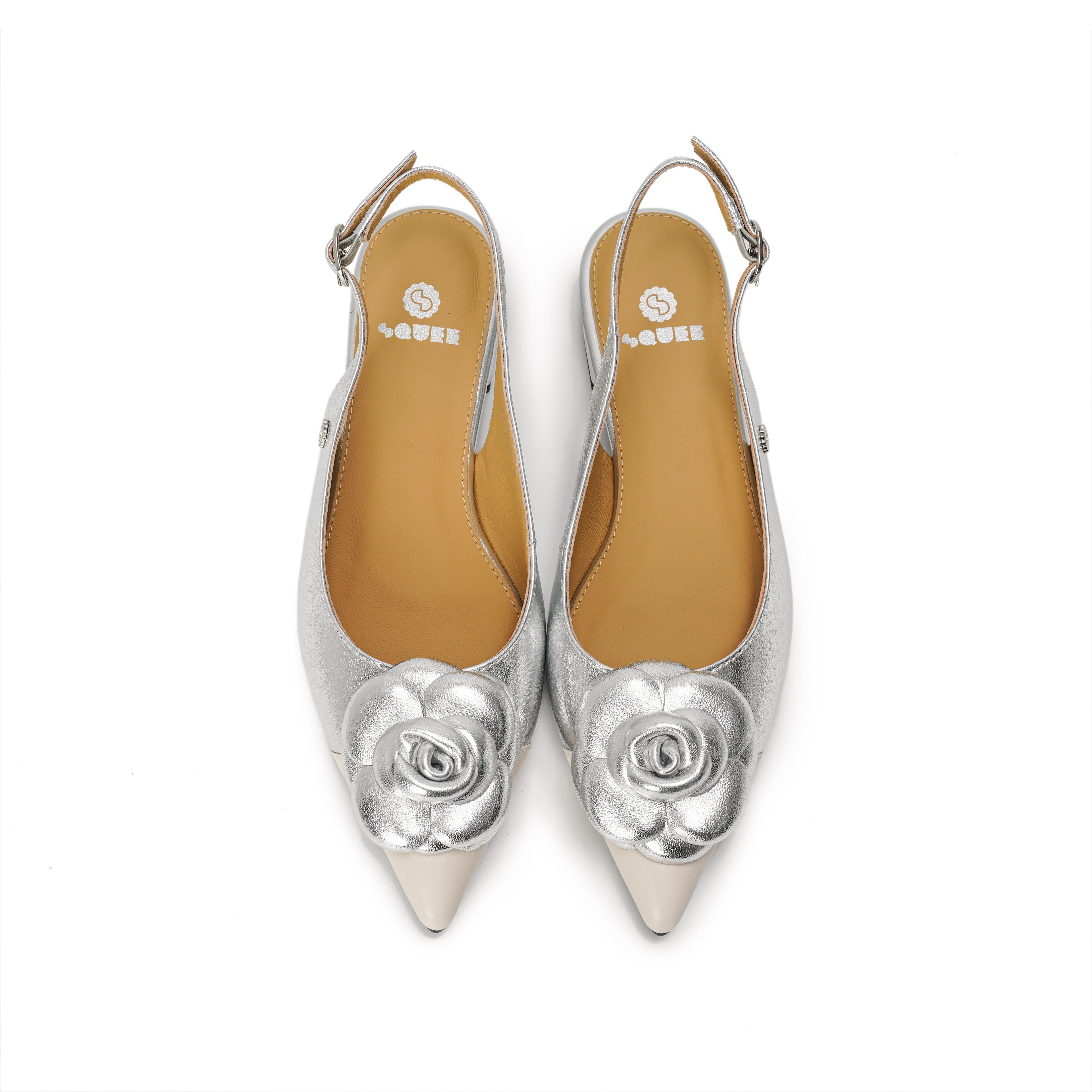 Rosette Pointed-Toe Slingback Block Heel Pumps - Silver