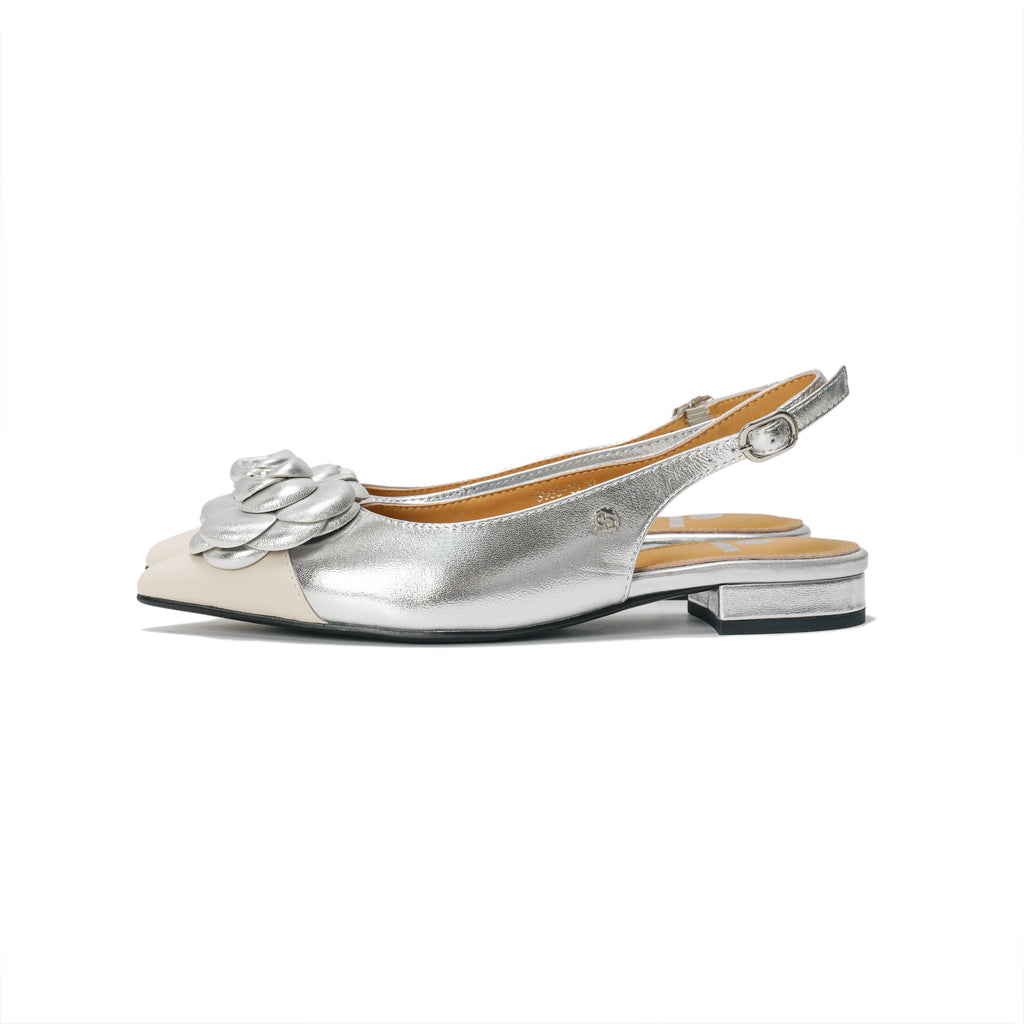 Rosette Pointed-Toe Slingback Block Heel Pumps - Silver