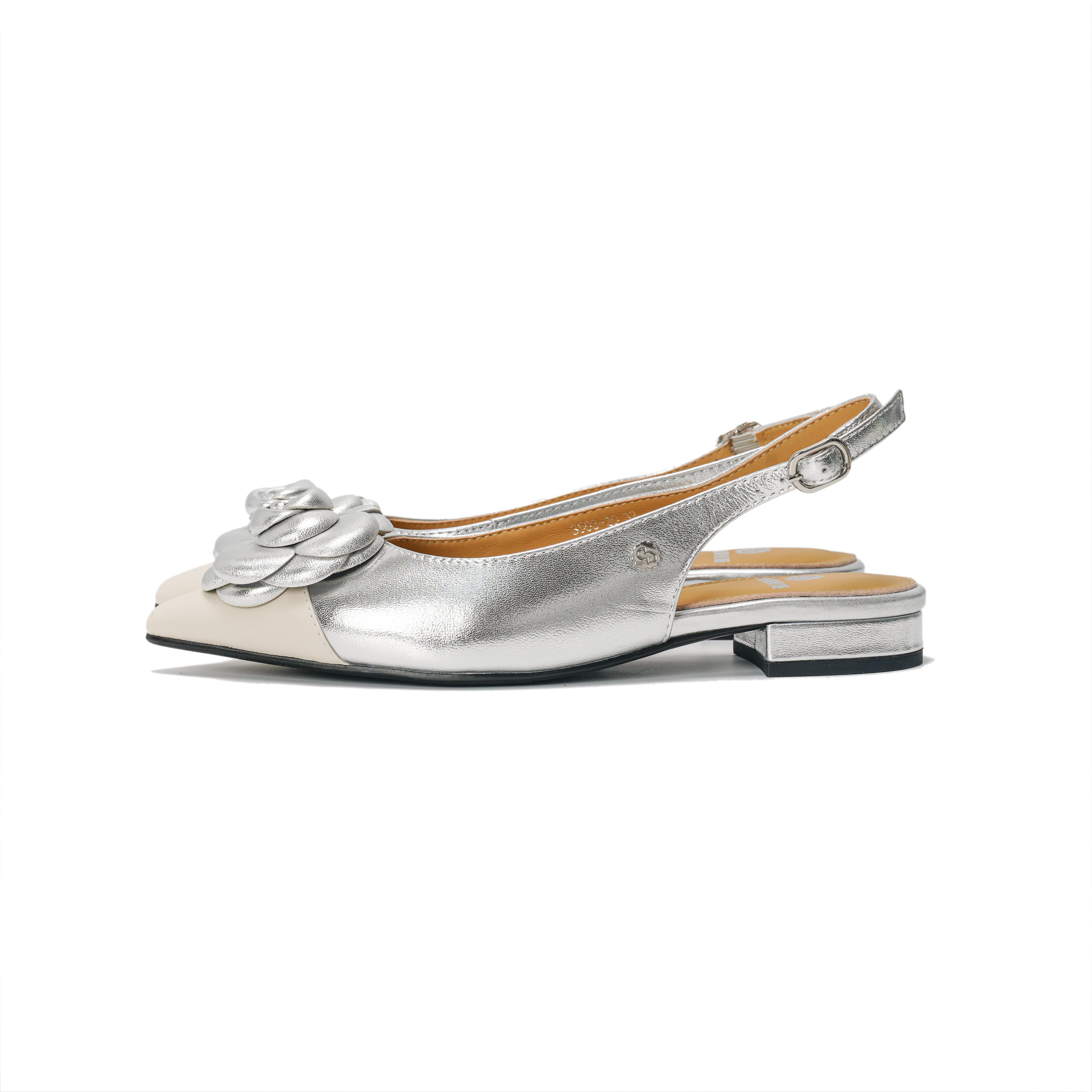 Rosette Pointed-Toe Slingback Block Heel Pumps - Silver