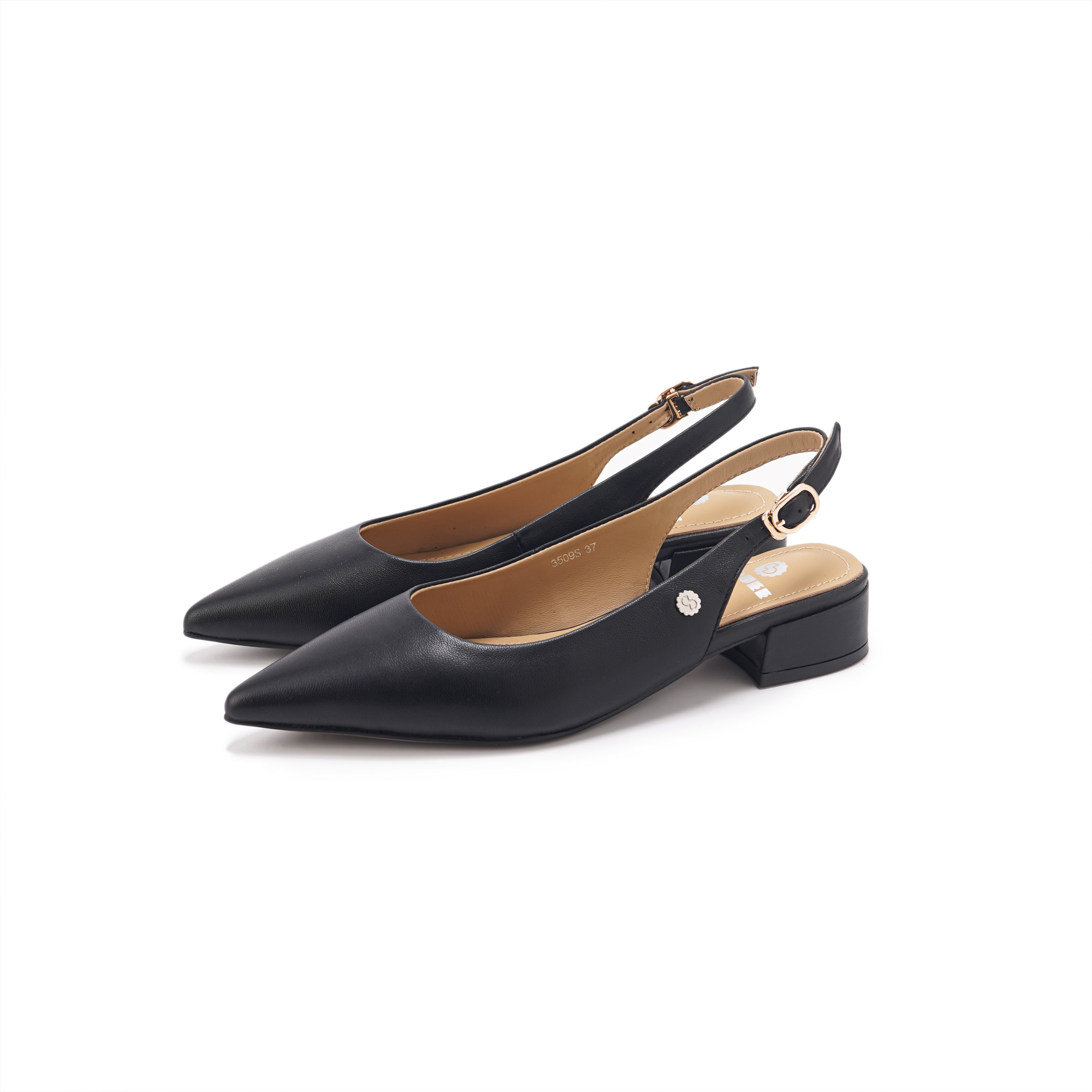 Pointed-Toe Slingback Block Heel Pumps - Black