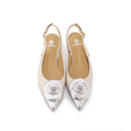 Rosette Pointed-Toe Slingback Block Heel Pumps - Ivory