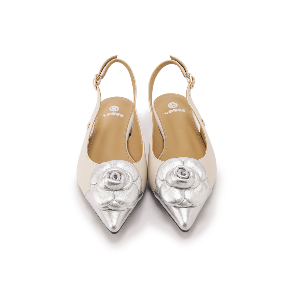 Rosette Pointed-Toe Slingback Block Heel Pumps - Ivory