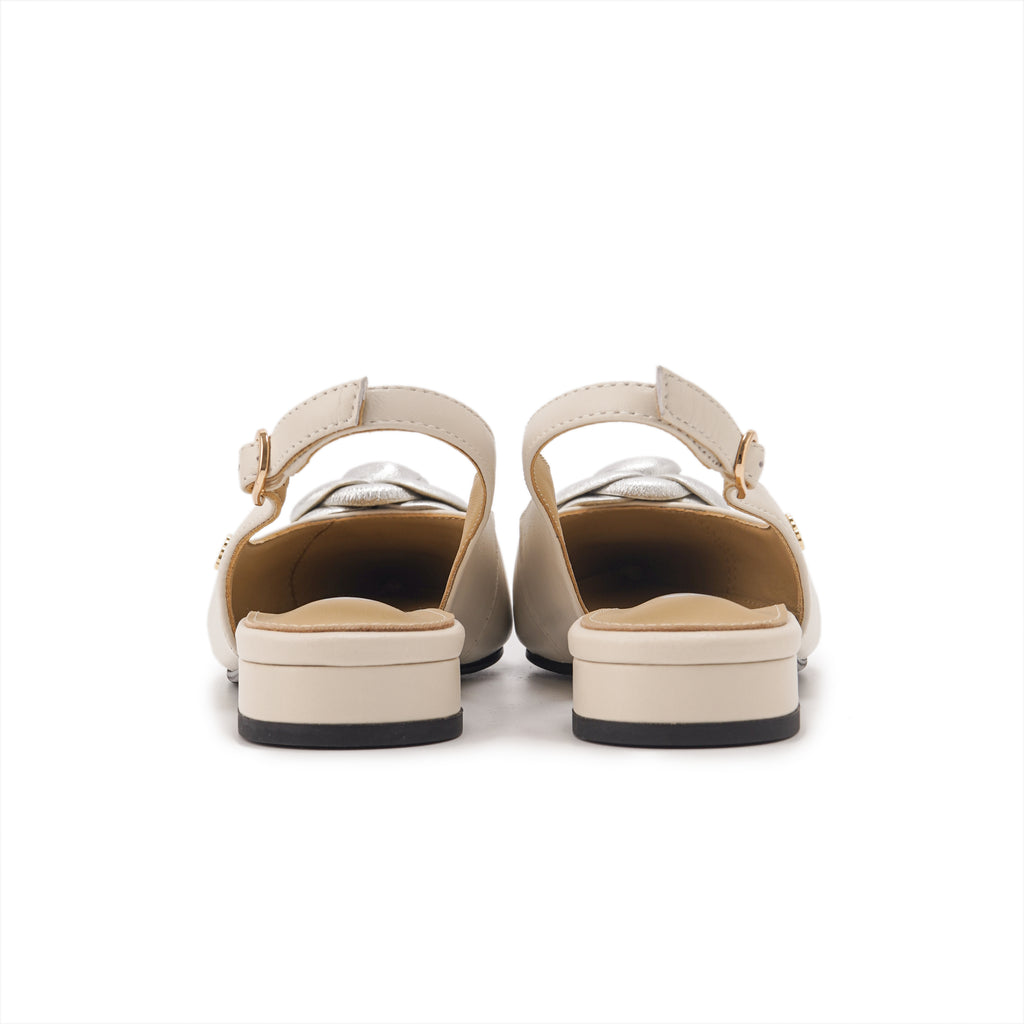 Rosette Pointed-Toe Slingback Block Heel Pumps - Ivory