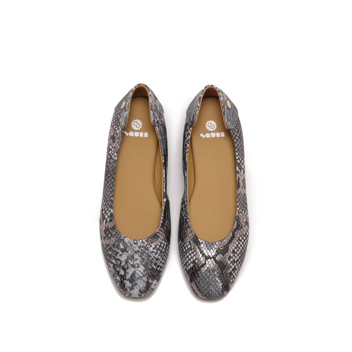 A pair of women's ballet flats with a gray and black snakeskin pattern, featuring a tan insole and the brand name 'SQUEE' printed on the inside.