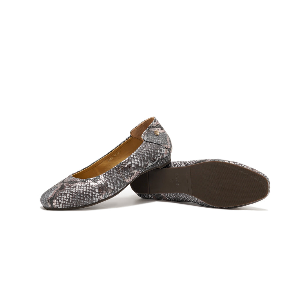 A pair of women's ballet flats featuring a gray and black snakeskin pattern, shown from the side and bottom on a white background.