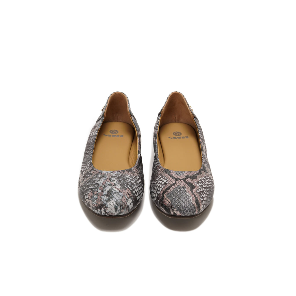 A pair of women's ballet flats featuring a gray and black snakeskin pattern with subtle pinkish-beige undertones, set against a plain white background.