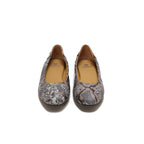 A pair of women's ballet flats featuring a gray and black snakeskin pattern with subtle pinkish-beige undertones, set against a plain white background.
