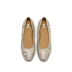 A pair of women's ballet flats with a beige and brown snakeskin pattern, shown from a top-down view on a white background.