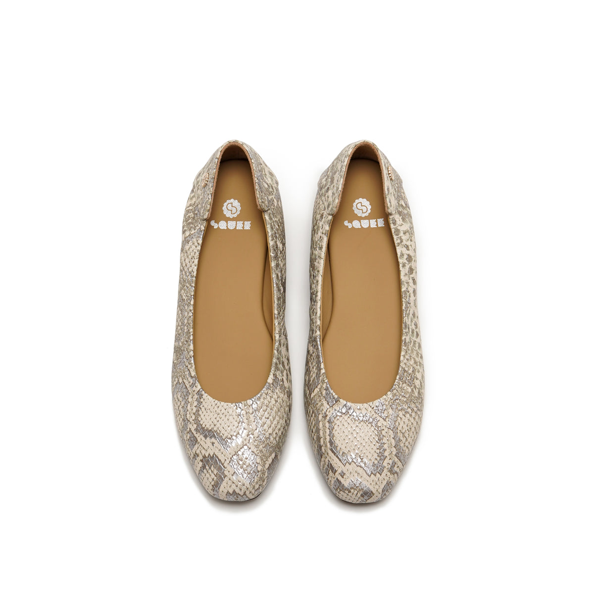A pair of women's ballet flats with a beige and brown snakeskin pattern, shown from a top-down view on a white background.