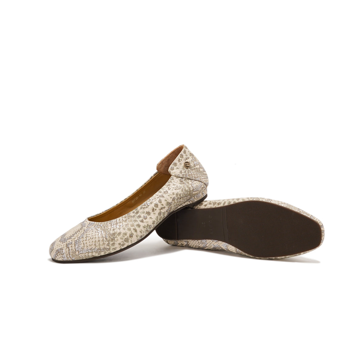 A pair of women's ballet flats featuring a beige and brown snakeskin pattern, with one shoe standing upright and the other lying on its side to show the dark brown outsole.