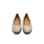 A pair of Mary Jane flats featuring a beige and gray snakeskin pattern, shown from a top-down view on a white background.