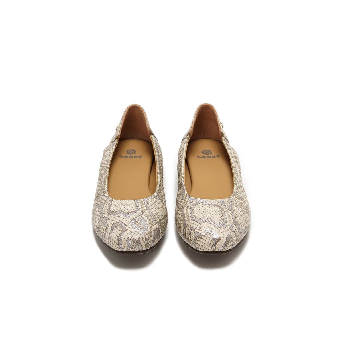 A pair of Mary Jane flats featuring a beige and gray snakeskin pattern, shown from a top-down view on a white background.