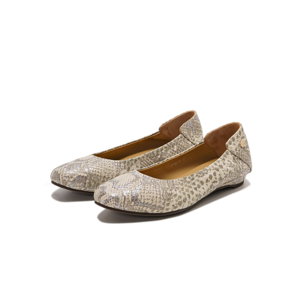 A pair of women's pointed-toe flats with a beige and brown snakeskin pattern, shown on a clean white background.