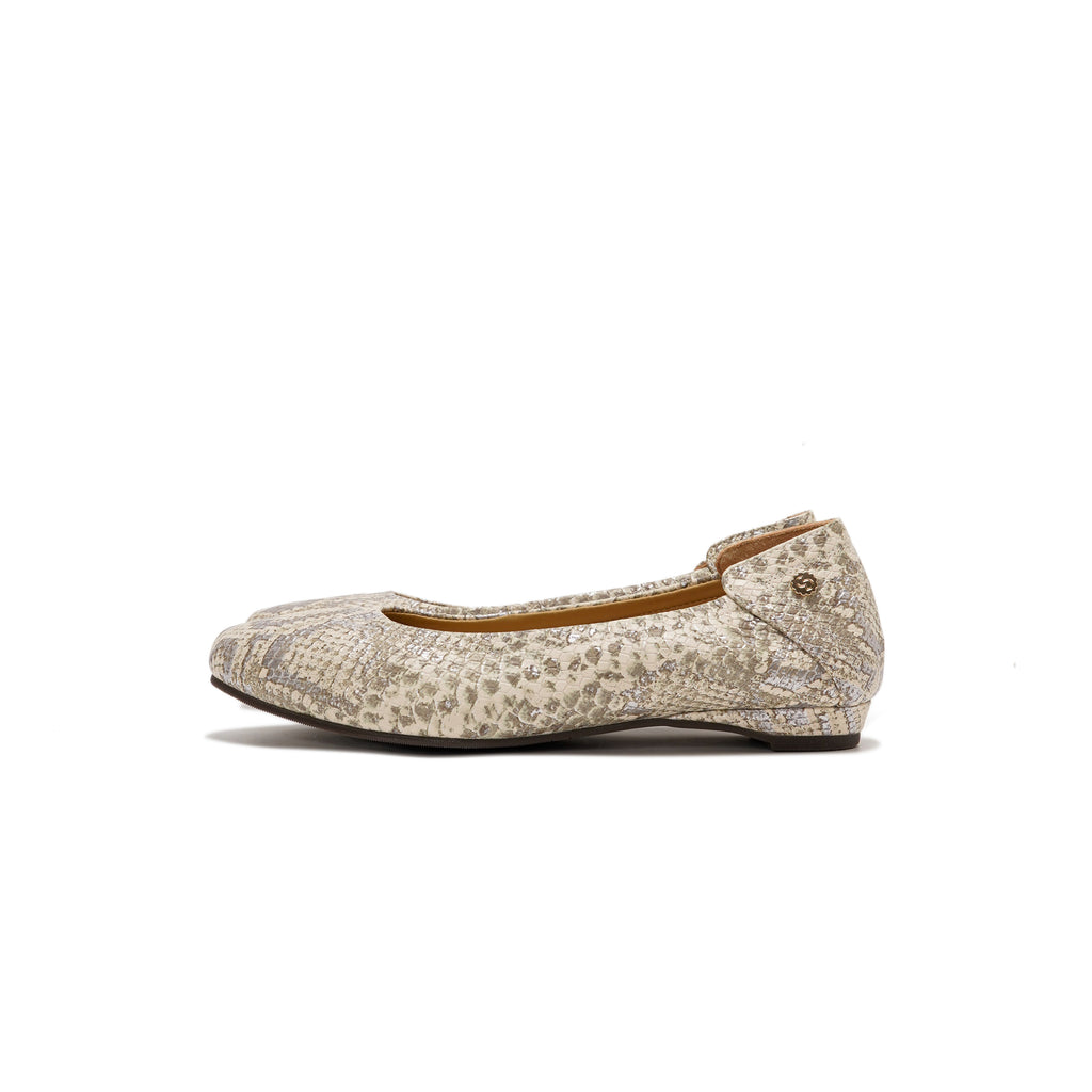 A single women's flat shoe with a beige and brown snakeskin pattern, shown in a side profile on a white background.
