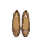 A pair of women's ballet flats with a brown and black snakeskin pattern, shown from a top-down view on a white background.