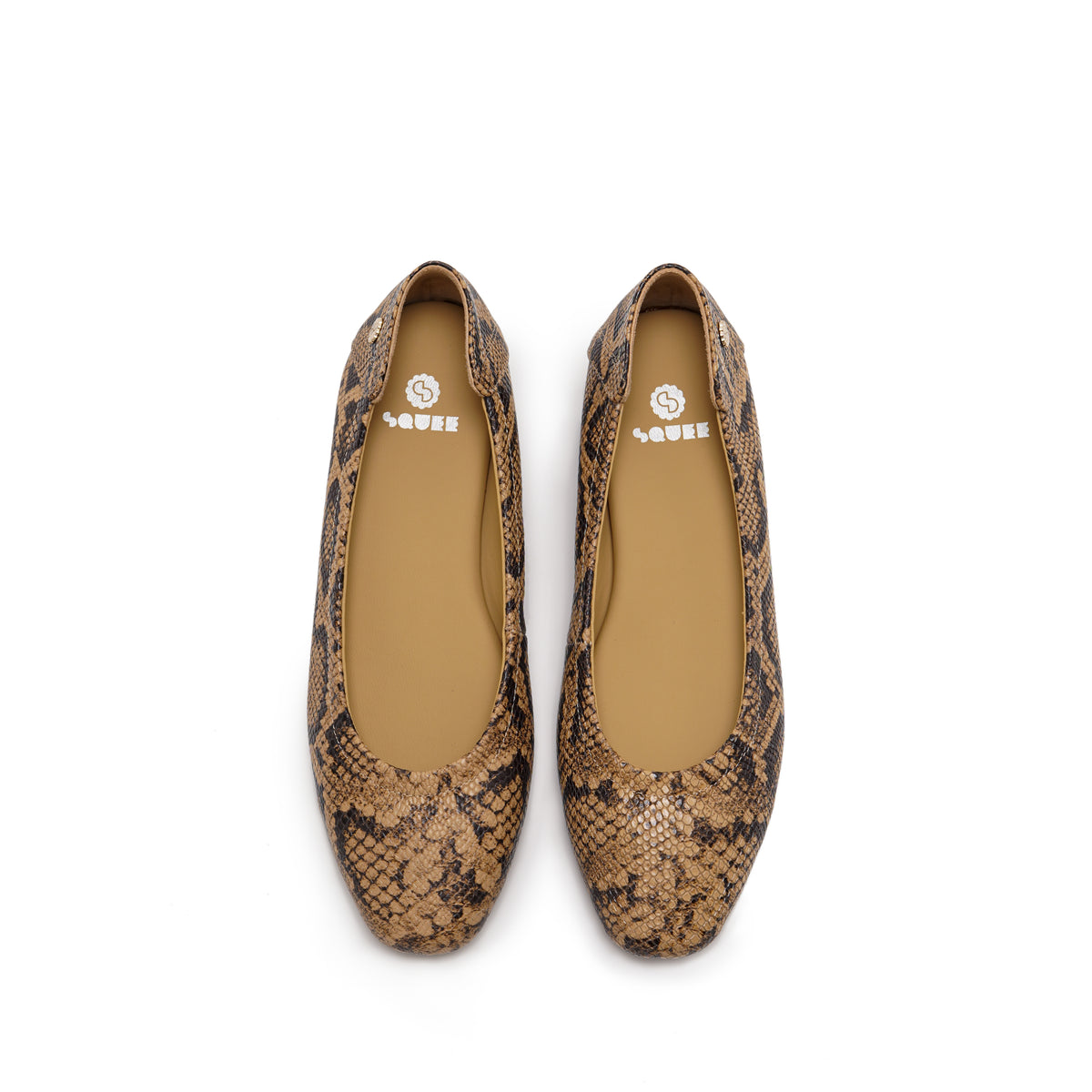 A pair of women's ballet flats with a brown and black snakeskin pattern, shown from a top-down view on a white background.