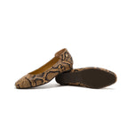 A pair of women's ballet flats featuring a brown and black snakeskin pattern, shown from the side and bottom on a white background.