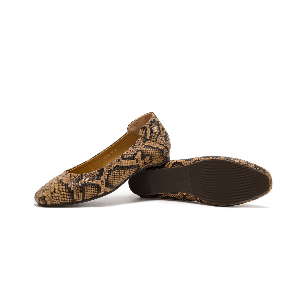 A pair of women's ballet flats featuring a brown and black snakeskin pattern, shown from the side and bottom on a white background.
