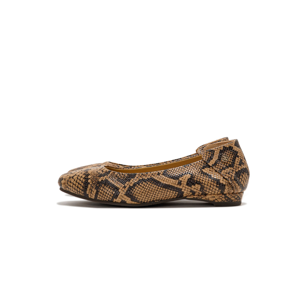 A single women's ballet flat shoe featuring a brown and black snakeskin pattern, shown in a side profile against a plain white background.