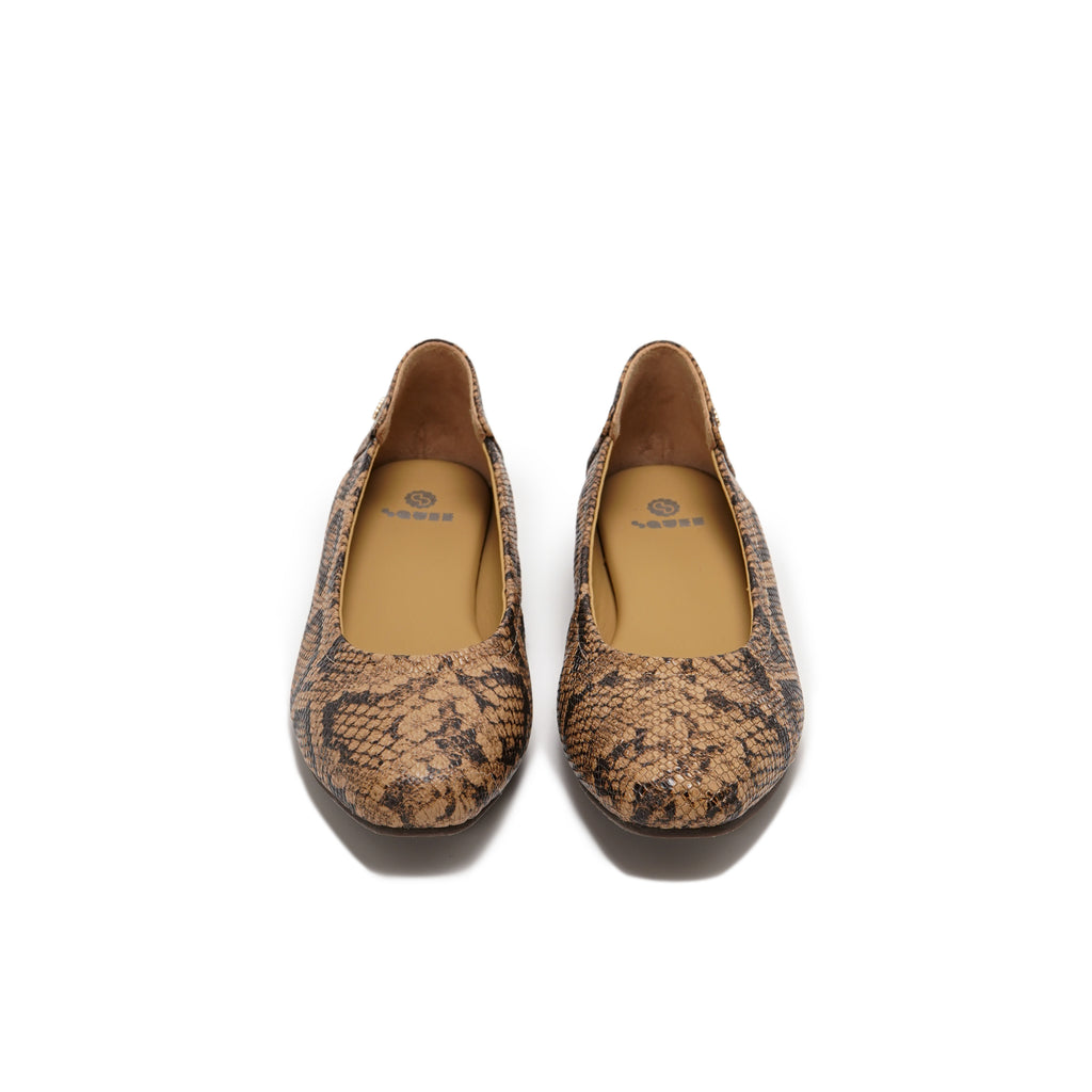 A pair of ballet flats with a brown and tan snakeskin pattern, shown from a top-down view on a white background.