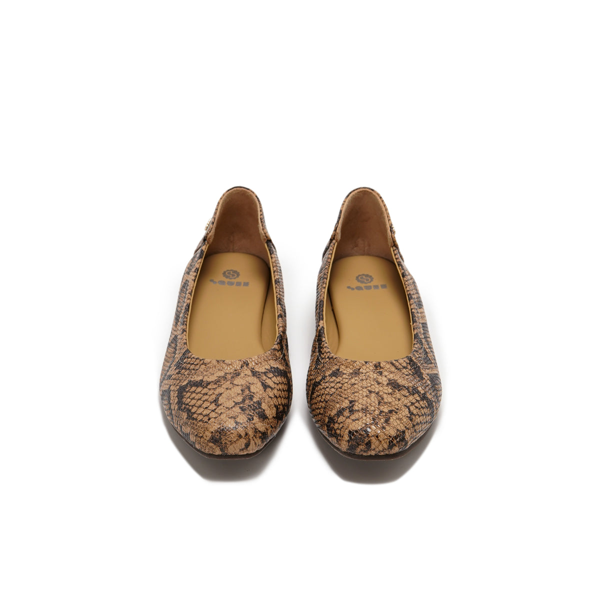 A pair of ballet flats with a brown and tan snakeskin pattern, shown from a top-down view on a white background.