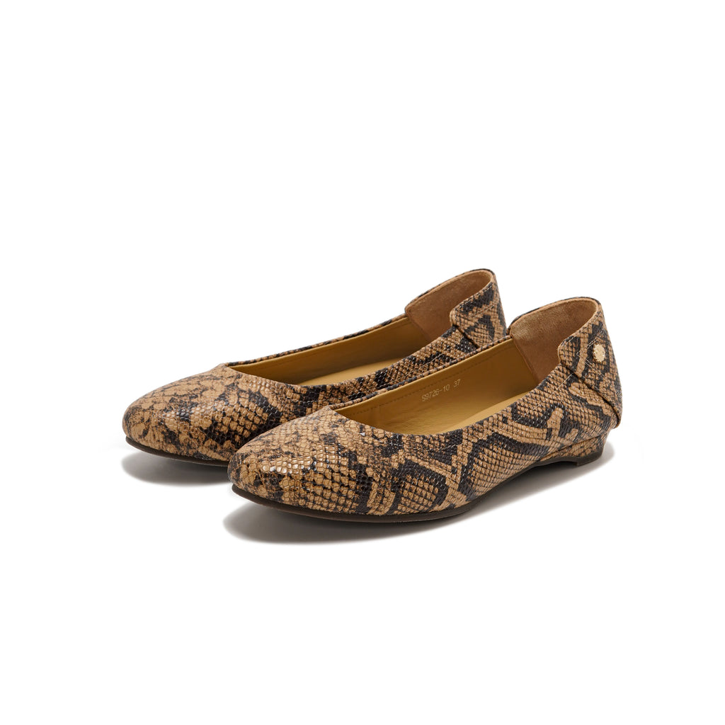 A pair of women's ballet flats with a brown and beige snakeskin pattern, shown on a clean white background.