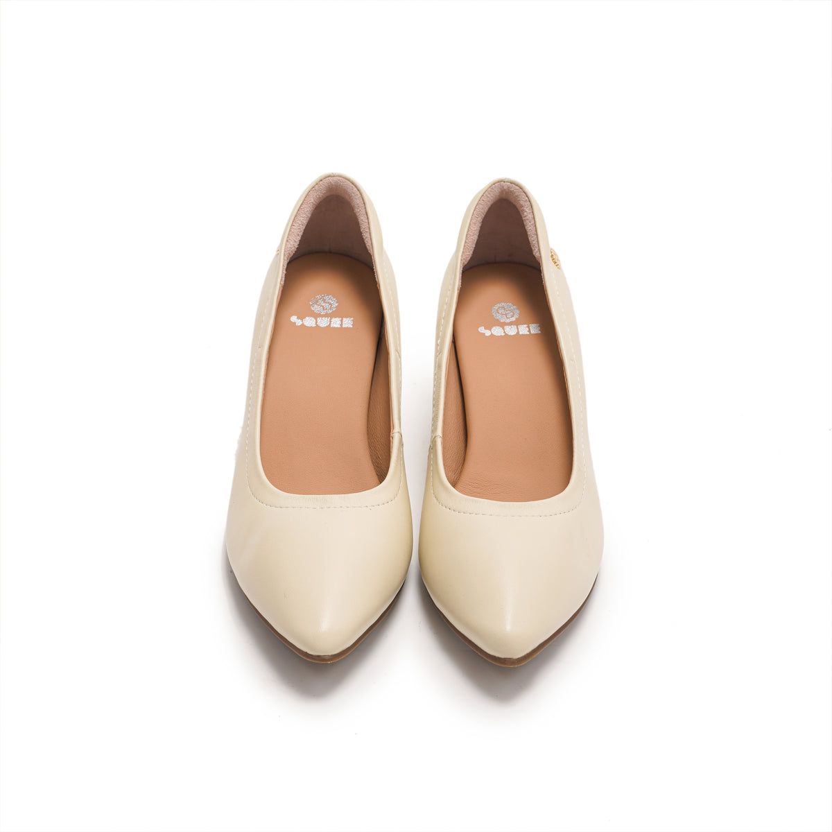 Pointed-Toe Low Heel Pumps - Cream