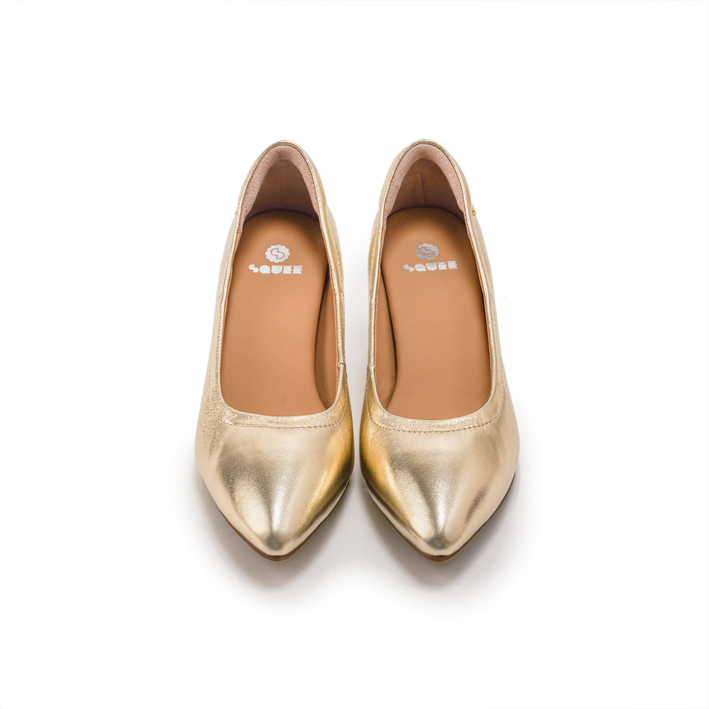 Pointed-Toe Low Heel Pumps – Gold