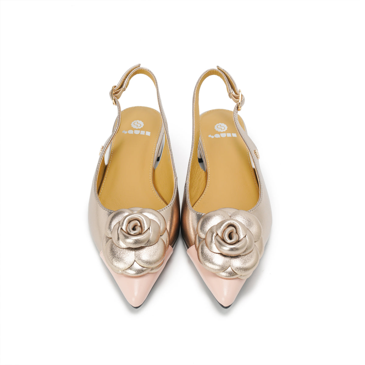 Rosette Pointed-Toe Slingback Block Heel Pumps - Champagne