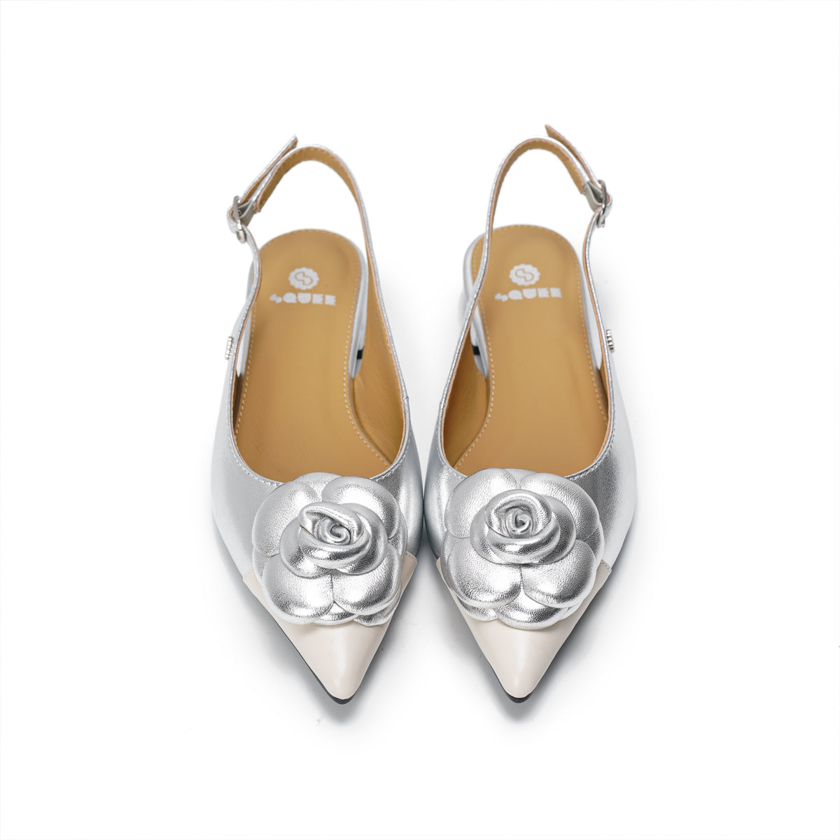 Rosette Pointed-Toe Slingback Block Heel Pumps - Silver