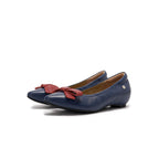 A pair of navy blue leather ballet flats with a red leather bow detail on the toe, lambskin, comfortable, stylish