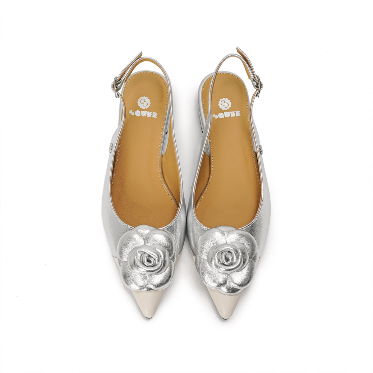 Rosette Pointed-Toe Slingback Block Heel Pumps - Silver