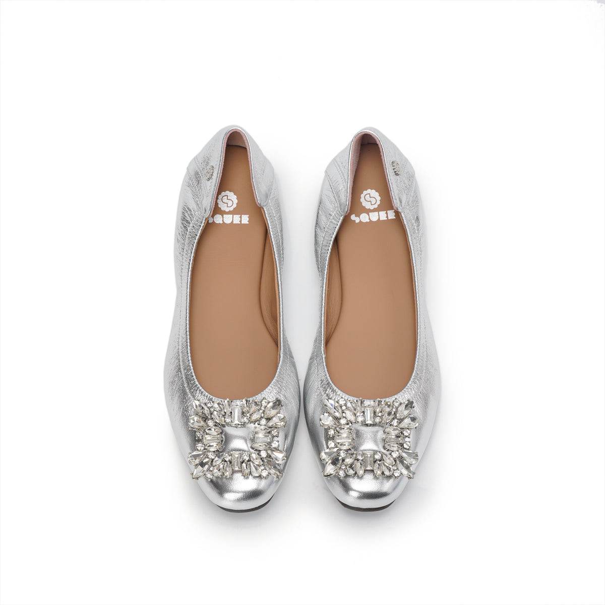 Bling Buckle Ballet Flats - Silver