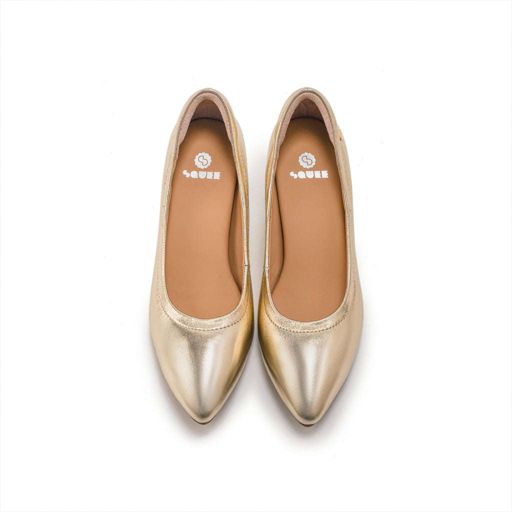 Pointed-Toe Low Heel Pumps – Gold