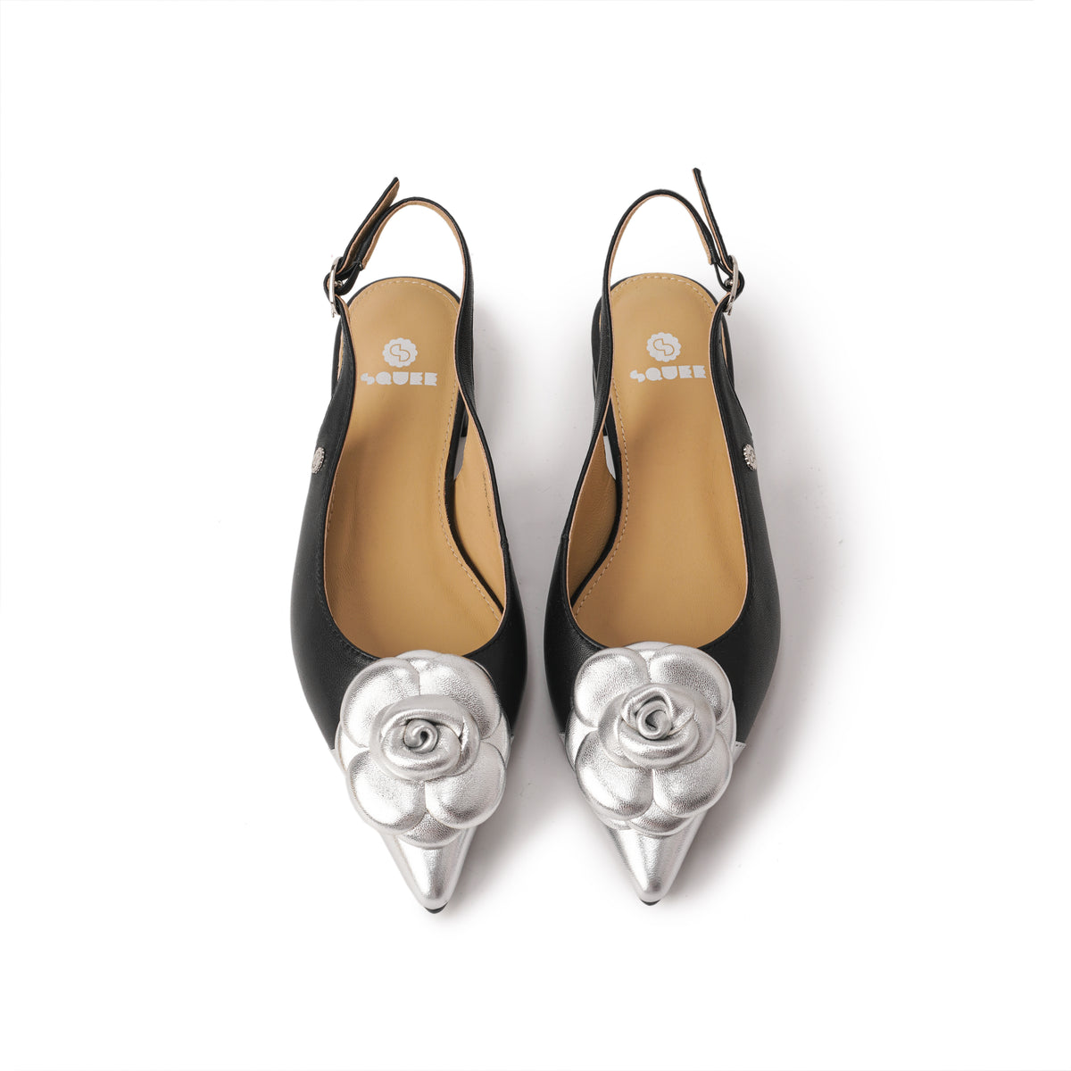 Rosette Pointed-Toe Slingback Block Heel Pumps - Black