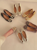 Bling Buckle Ballet Flats - White