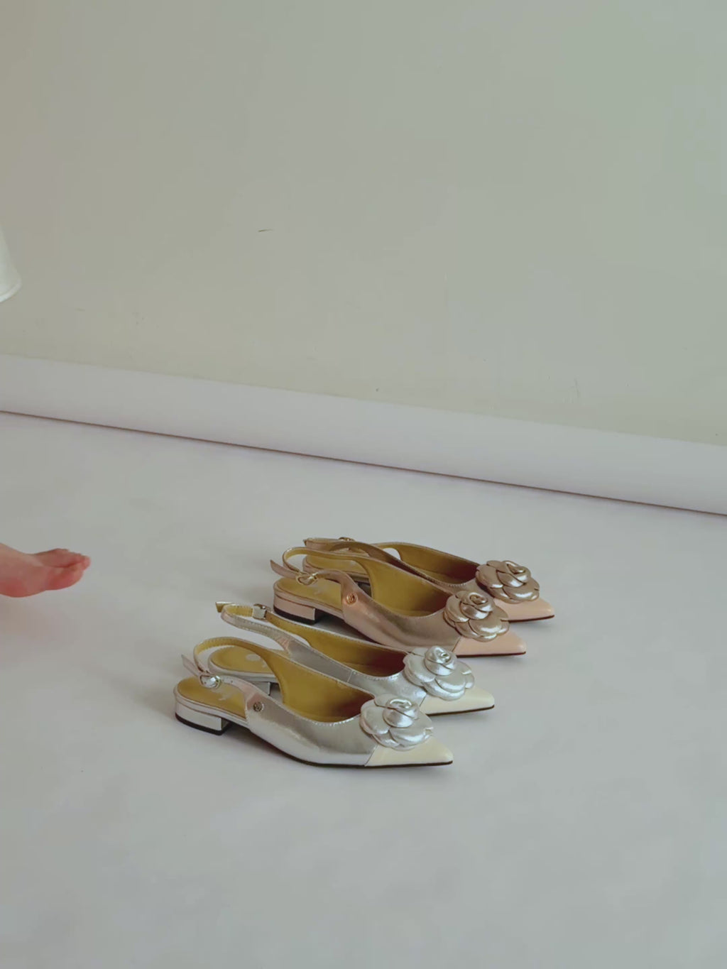 Rosette Pointed-Toe Slingback Block Heel Pumps - Beige