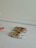 Rosette Pointed-Toe Slingback Block Heel Pumps - Beige