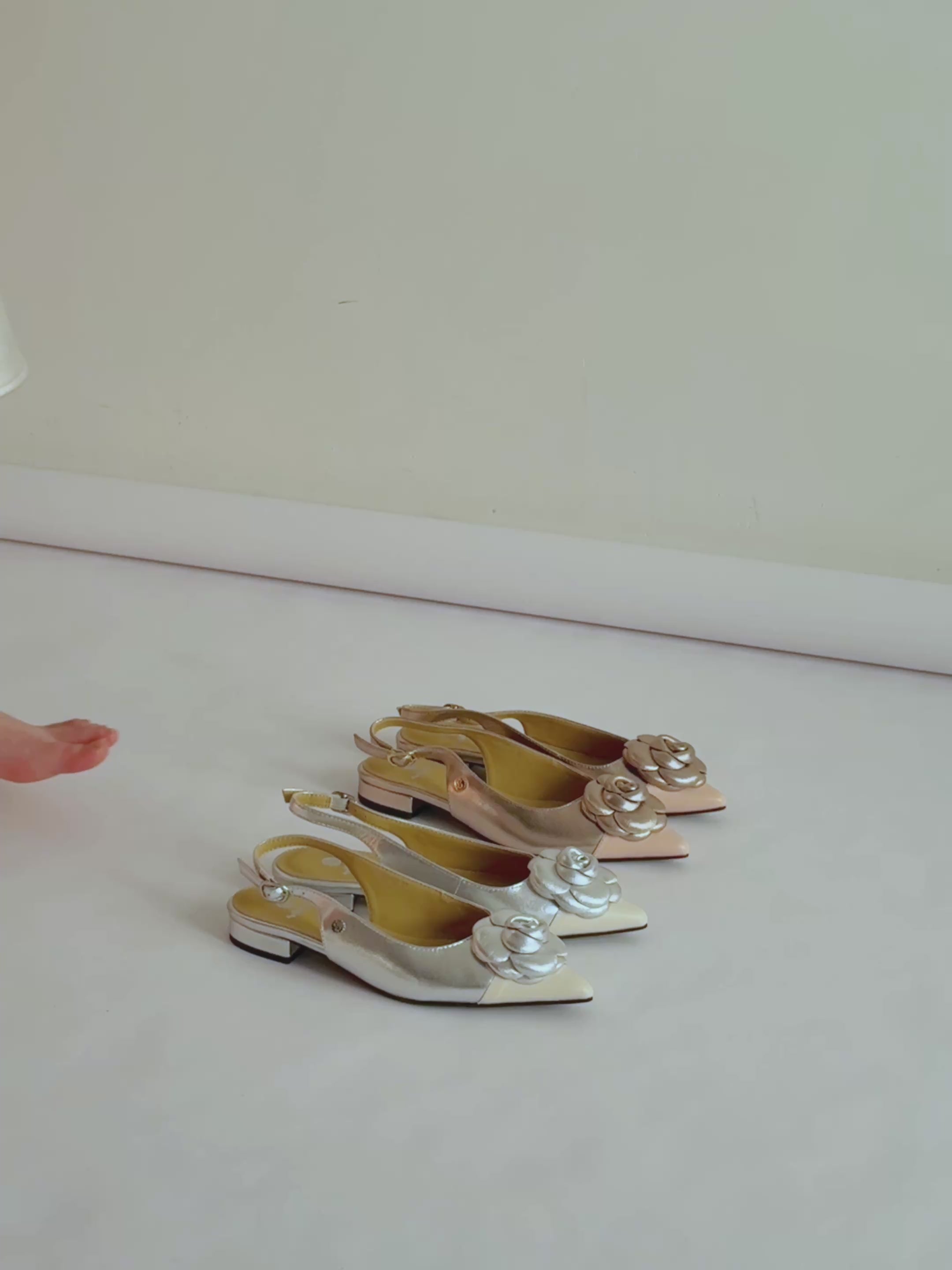 Rosette Pointed-Toe Slingback Block Heel Pumps - Beige